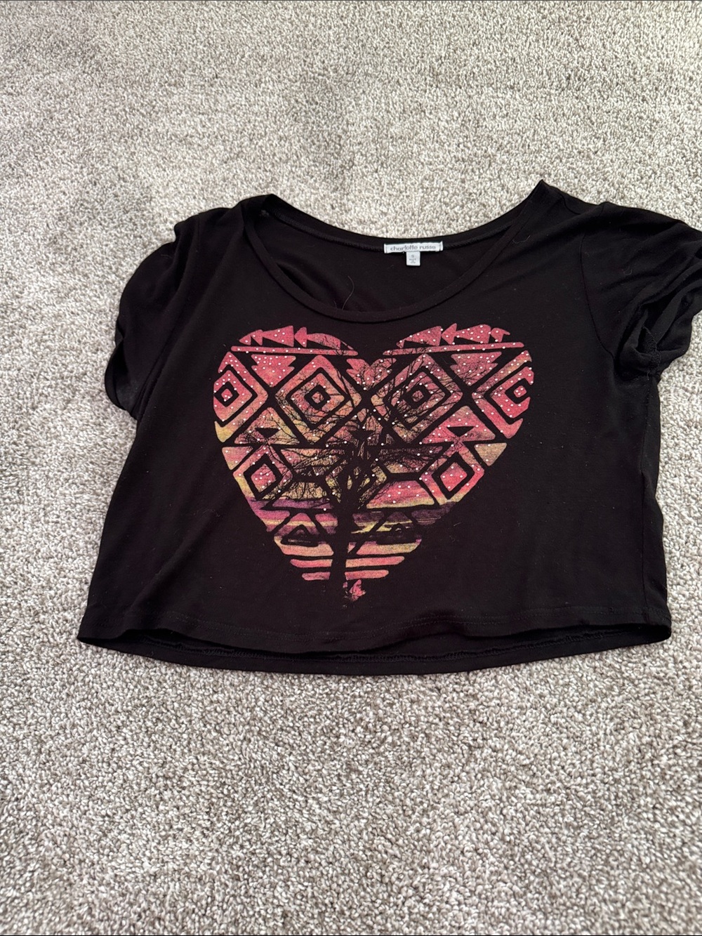 Charlotte Russe Black Crop Top with Pink and Gold Heart Graphic
